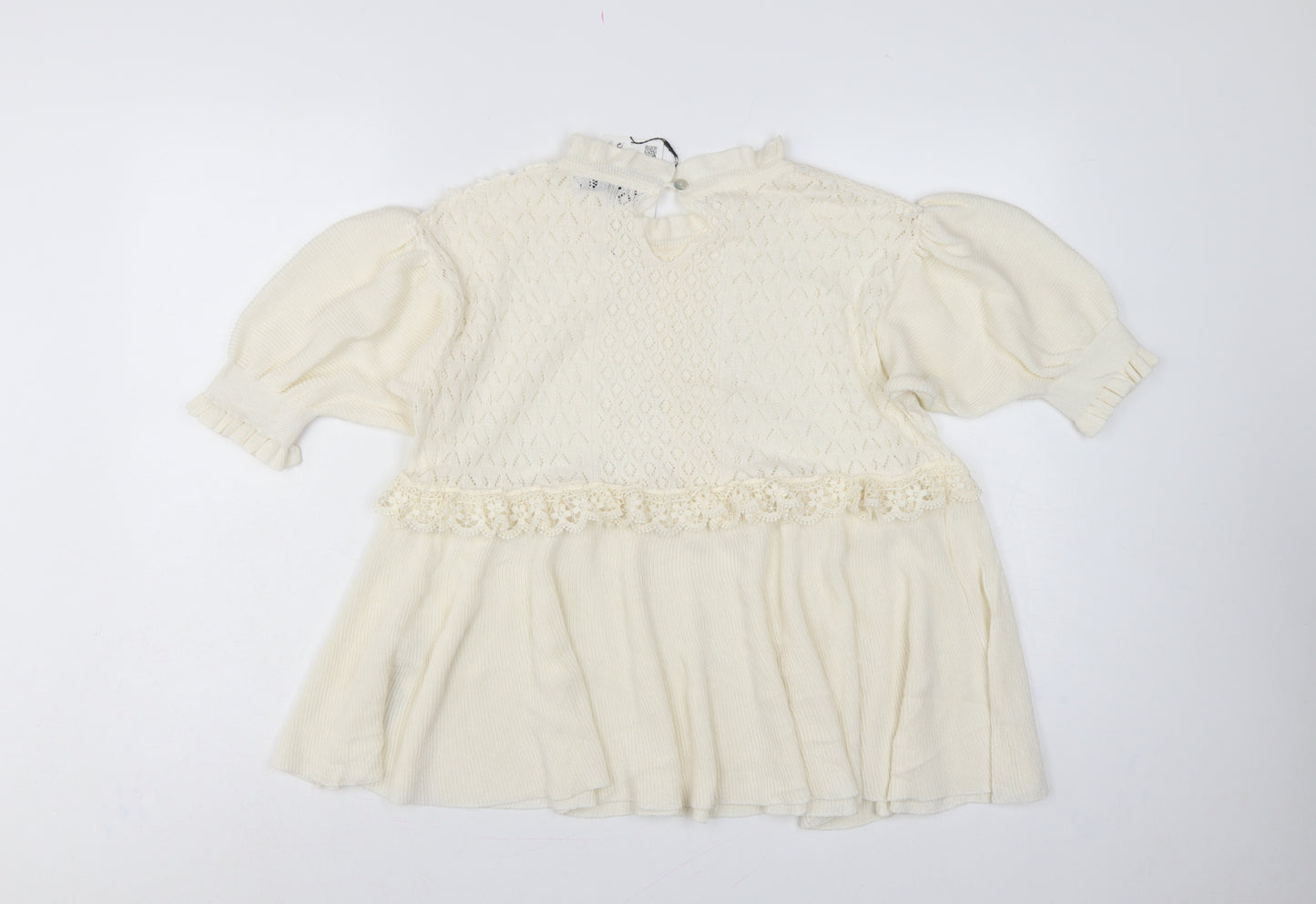 Zara Women Ivory UK 12 Ruffle Lace Knit Puff Sleeve Tunic Jumper