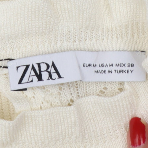 Zara Women Ivory UK 12 Ruffle Lace Knit Puff Sleeve Tunic Jumper