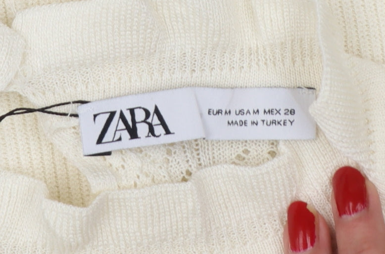 Zara Women Ivory UK 12 Ruffle Lace Knit Puff Sleeve Tunic Jumper