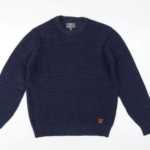 Fynch-Hatton Men’s Blue M Ribbed Wool Cotton Crew Neck Pullover Jumper