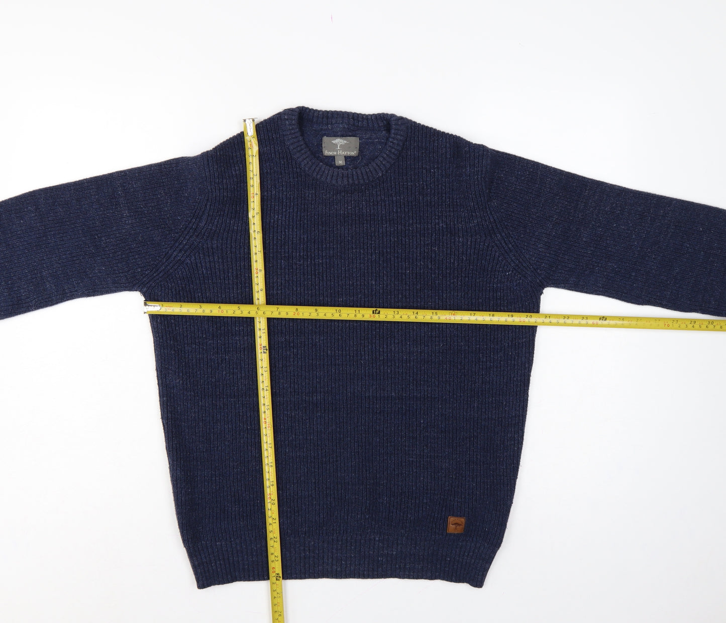Fynch-Hatton Men’s Blue M Ribbed Wool Cotton Crew Neck Pullover Jumper