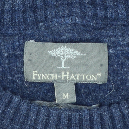 Fynch-Hatton Men’s Blue M Ribbed Wool Cotton Crew Neck Pullover Jumper