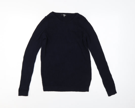 Uniqlo Women’s Navy Blue M Cotton Cashmere Ribbed Crew Neck Pullover Jumper
