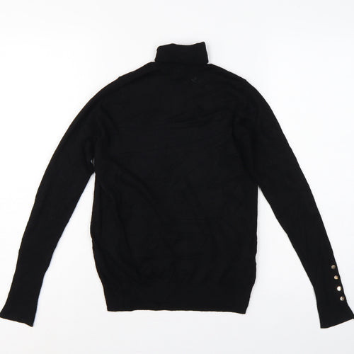 Zara Women Black S Roll Neck Knit Pullover Jumper Gold Button Cuffs