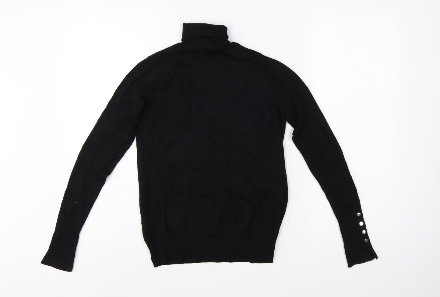 Zara Women Black S Roll Neck Knit Pullover Jumper Gold Button Cuffs