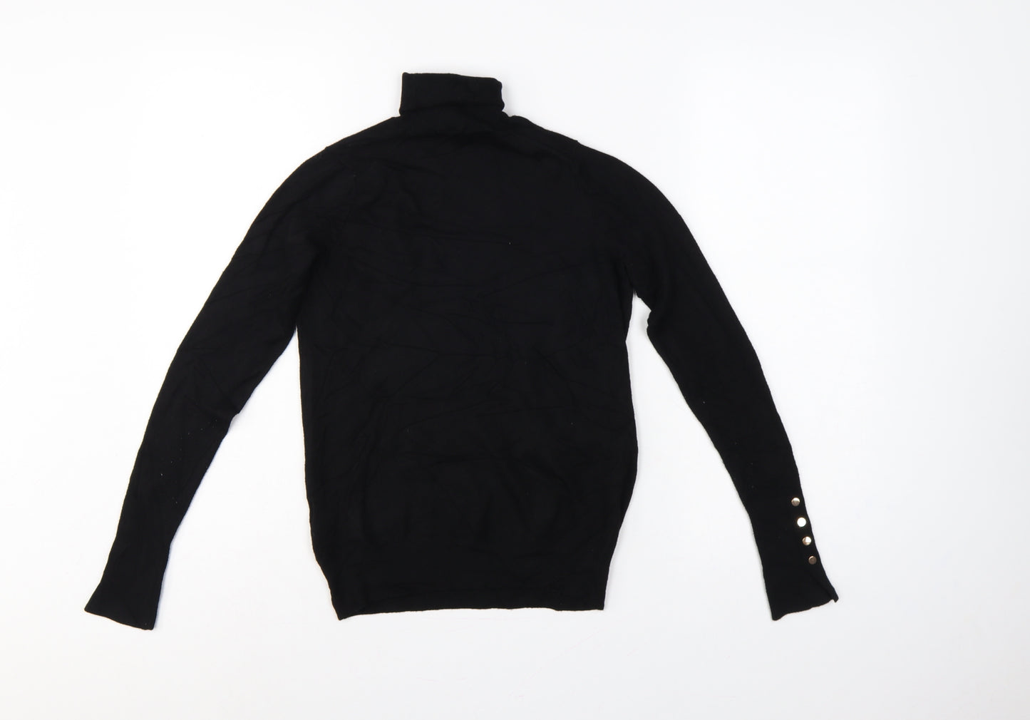 Zara Women Black S Roll Neck Knit Pullover Jumper Gold Button Cuffs