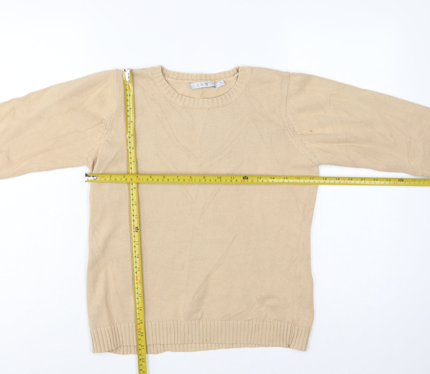 EWM Women Beige Cotton Crew Neck Pullover Jumper UK 14-16