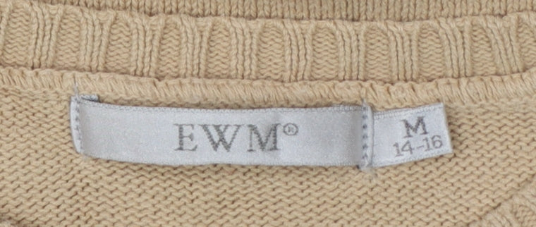 EWM Women Beige Cotton Crew Neck Pullover Jumper UK 14-16