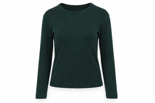 Bershka Women Green M Rib Knit Slim Fit Long Sleeve Basic T-Shirt