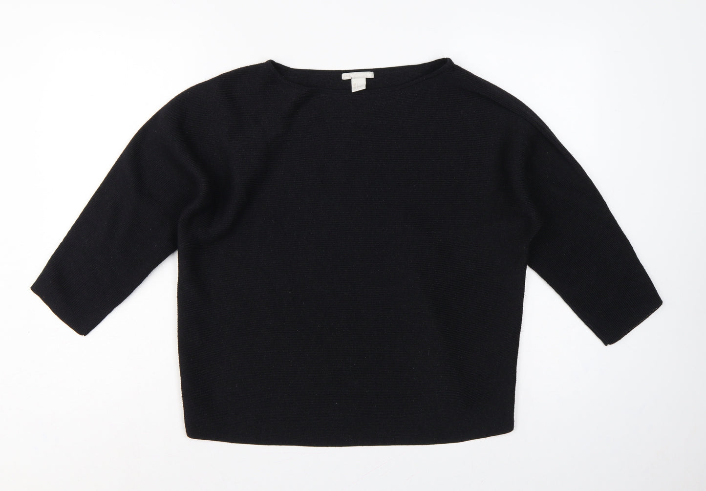 H&M Women Black L Relaxed Crew Neck 3/4 Sleeve Knit Jumper