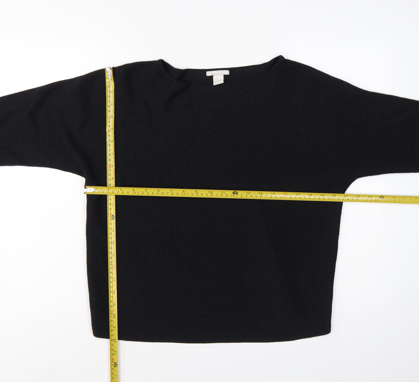 H&M Women Black L Relaxed Crew Neck 3/4 Sleeve Knit Jumper