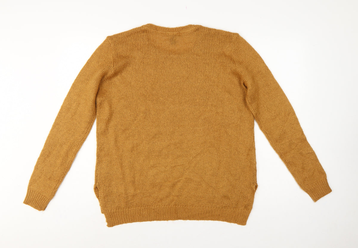 H&M Women Brown UK 14 Crew Neck Long Sleeve Knit Pullover Jumper