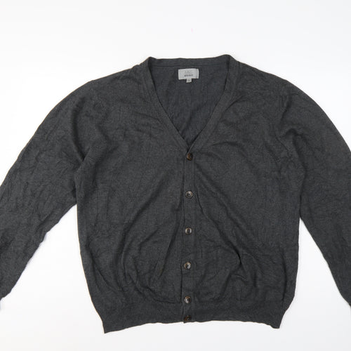 Marks and Spencer Men Grey L Regular Fit Cotton V-Neck Cardigan