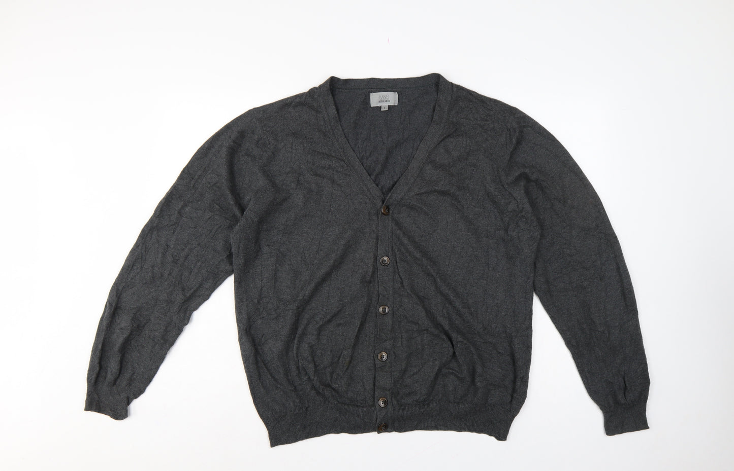 Marks and Spencer Men Grey L Regular Fit Cotton V-Neck Cardigan