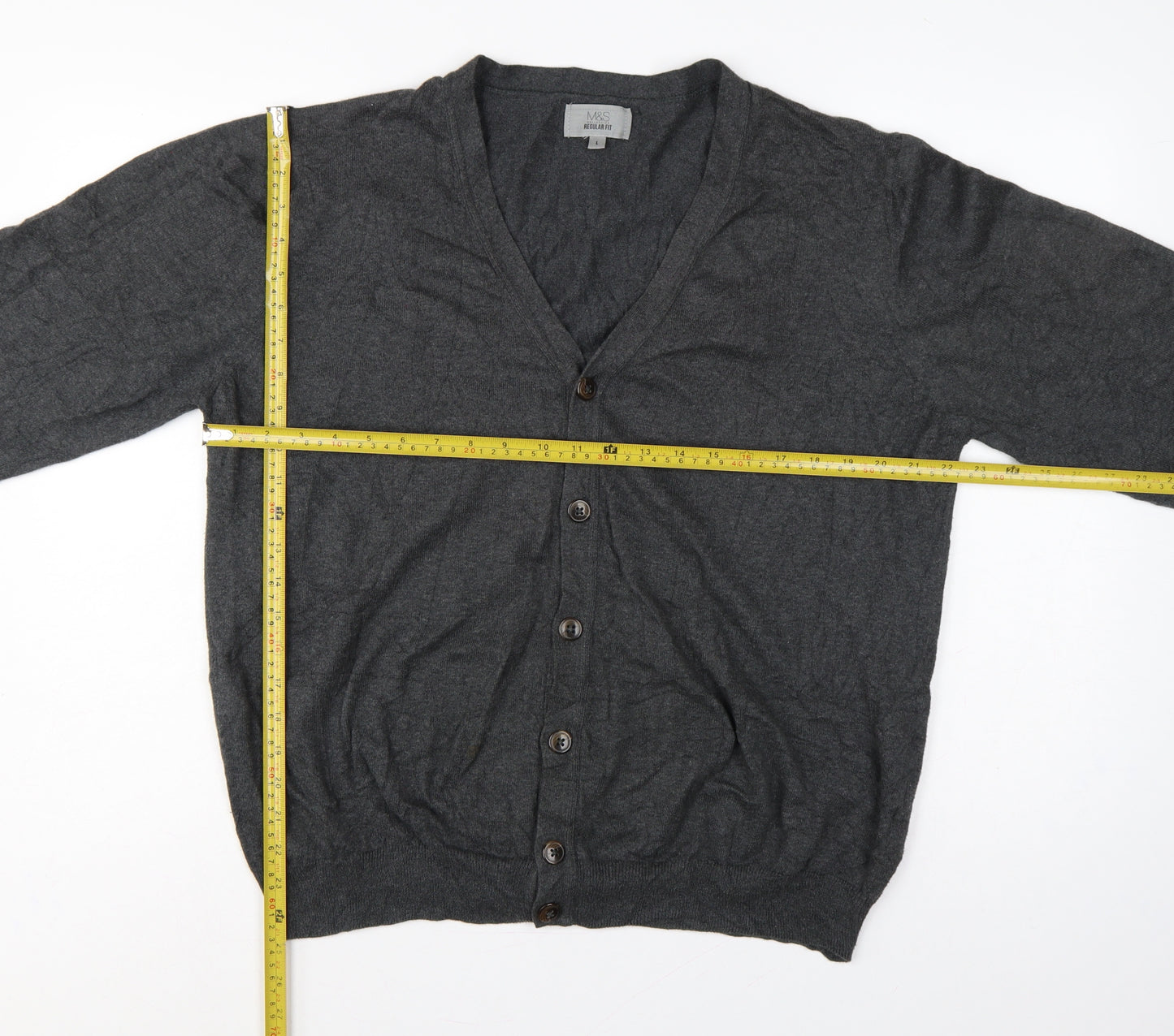 Marks and Spencer Men Grey L Regular Fit Cotton V-Neck Cardigan