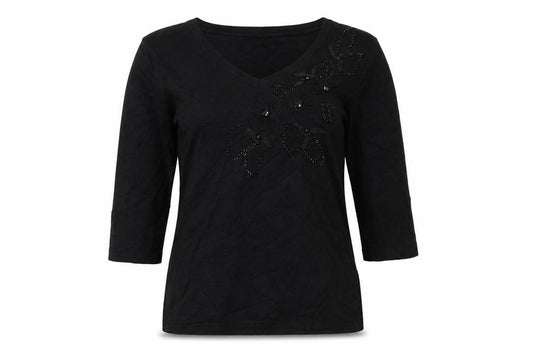 Anna Rose Women’s Black M Floral Beaded Embroidered V-Neck Jumper