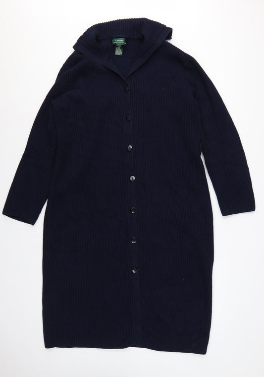 Lauren Ralph Lauren Women Blue L Hooded Long Rib Knit Cotton Cardigan