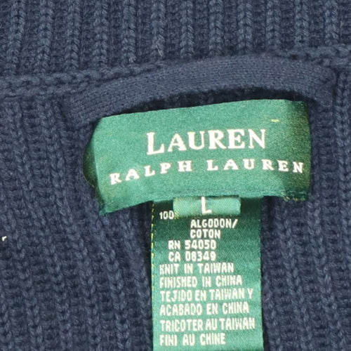 Lauren Ralph Lauren Women Blue L Hooded Long Rib Knit Cotton Cardigan