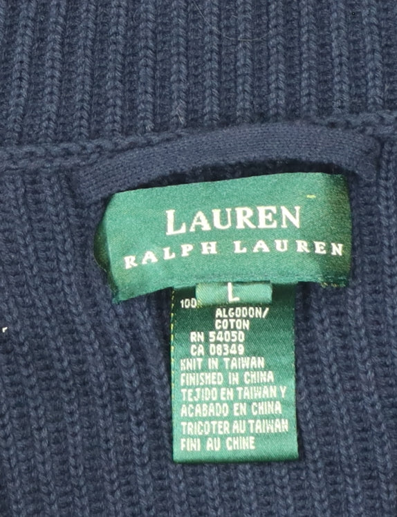 Lauren Ralph Lauren Women Blue L Hooded Long Rib Knit Cotton Cardigan