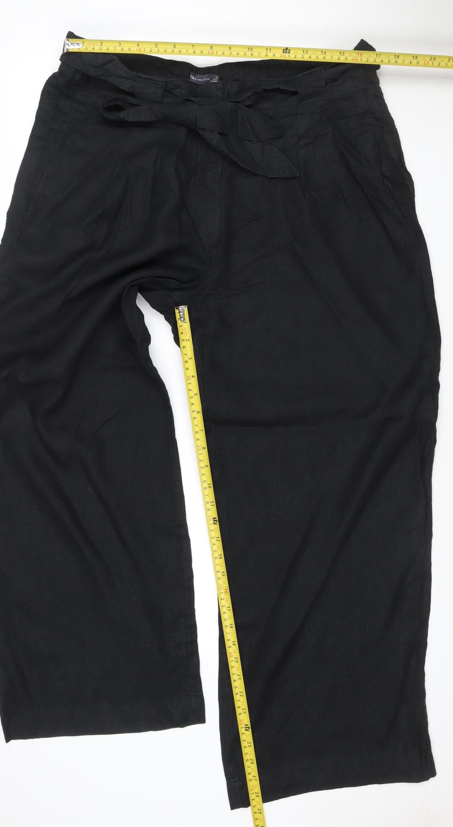 Marks & Spencer Women Black UK 18 Linen Cotton Wide-Leg Trousers