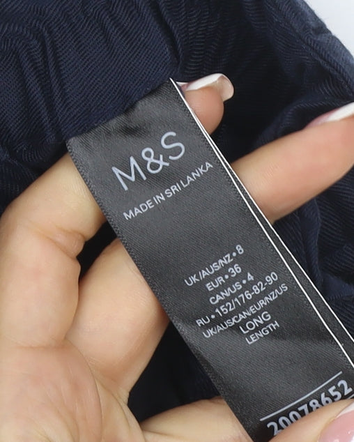 M&S Womens Blue UK 8 Long Wide-Leg Elastic Waist Trousers