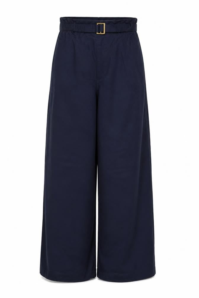 M&S Womens Blue UK 8 Long Wide-Leg Elastic Waist Trousers