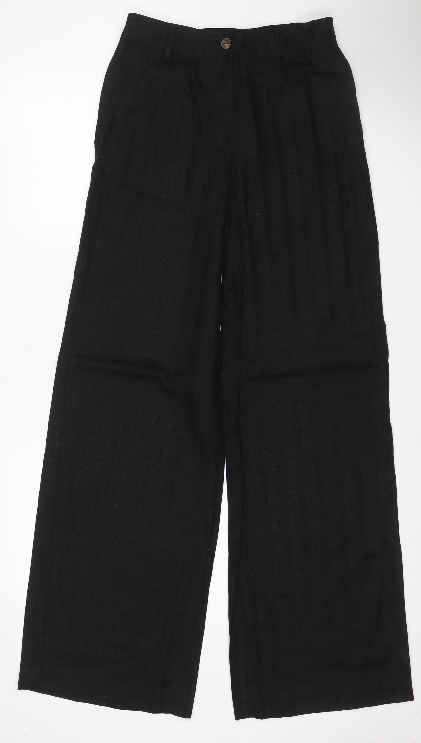 Marks and Spencer Women Black Size 8 Long Linen Blend Straight Trousers