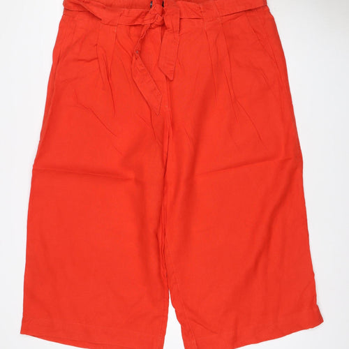 M&S Women Red UK 12 Linen Wide-Leg Cropped Tie Waist Trousers