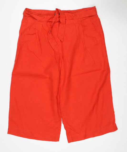 M&S Women Red UK 12 Linen Wide-Leg Cropped Tie Waist Trousers