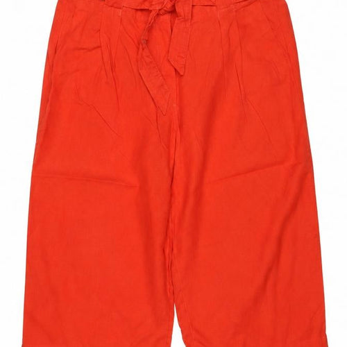 M&S Women Red UK 12 Linen Wide-Leg Cropped Tie Waist Trousers