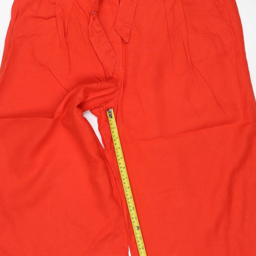 M&S Women Red UK 12 Linen Wide-Leg Cropped Tie Waist Trousers