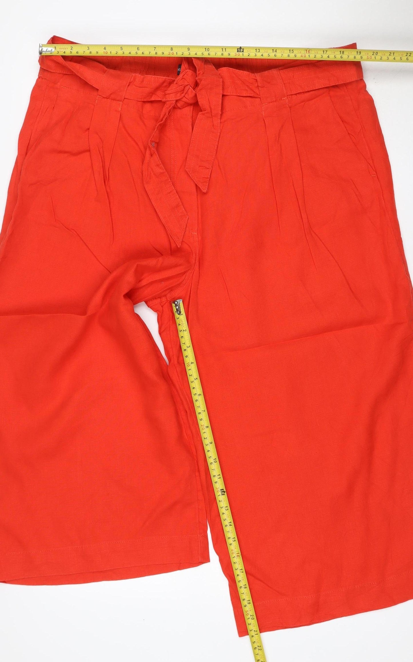 M&S Women Red UK 12 Linen Wide-Leg Cropped Tie Waist Trousers