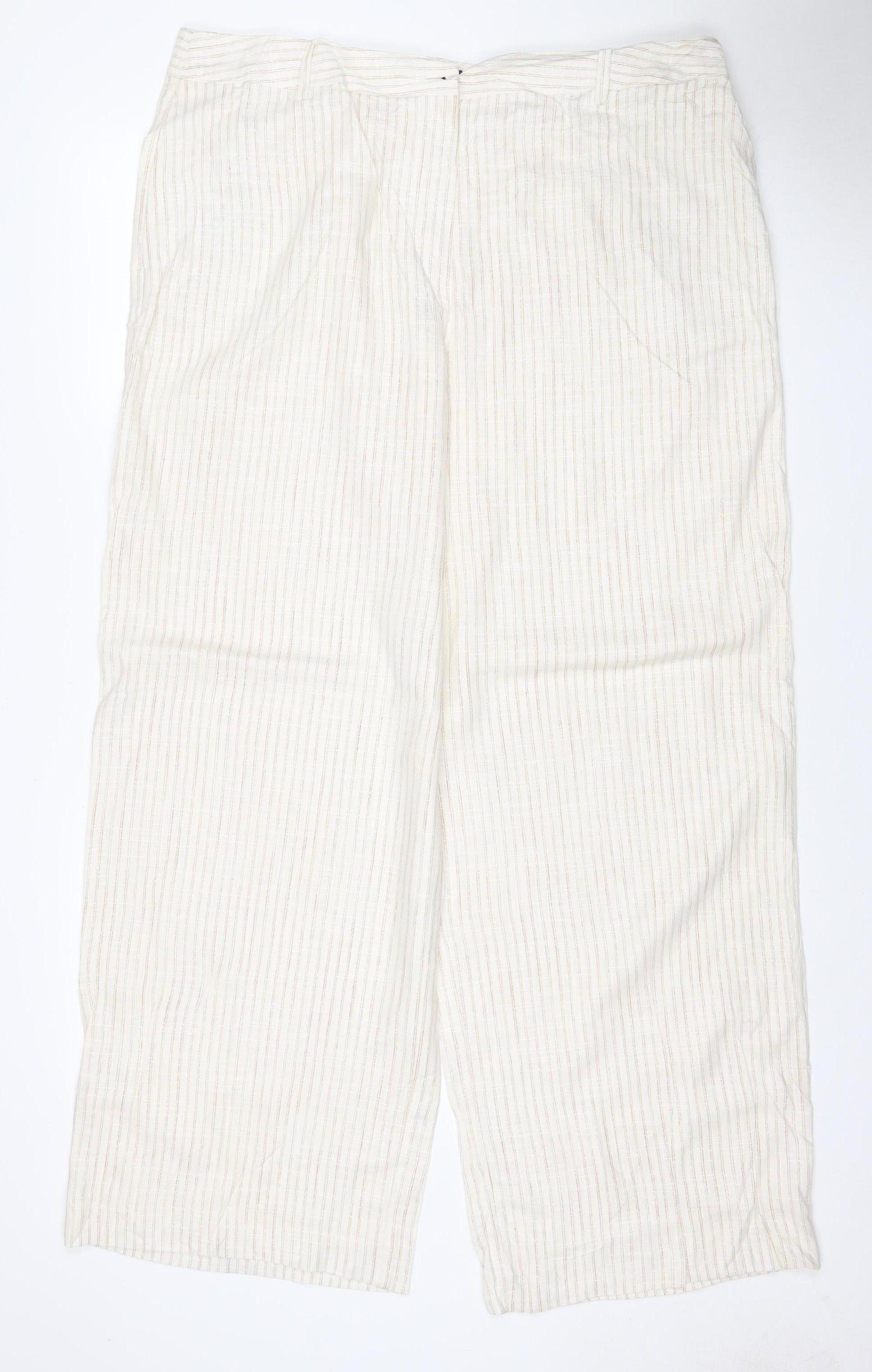 Marks and Spencer Women Ivory Stripe Linen Wide-Leg Trousers UK 18