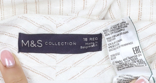 Marks and Spencer Women Ivory Stripe Linen Wide-Leg Trousers UK 18