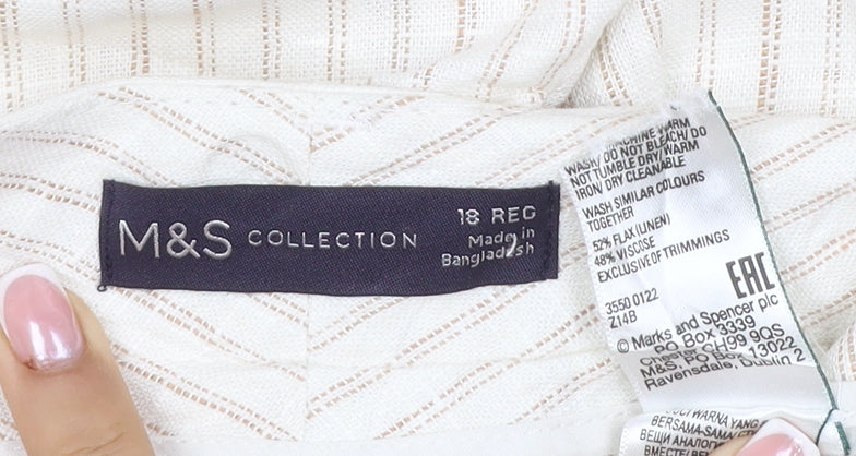 Marks and Spencer Women Ivory Stripe Linen Wide-Leg Trousers UK 18