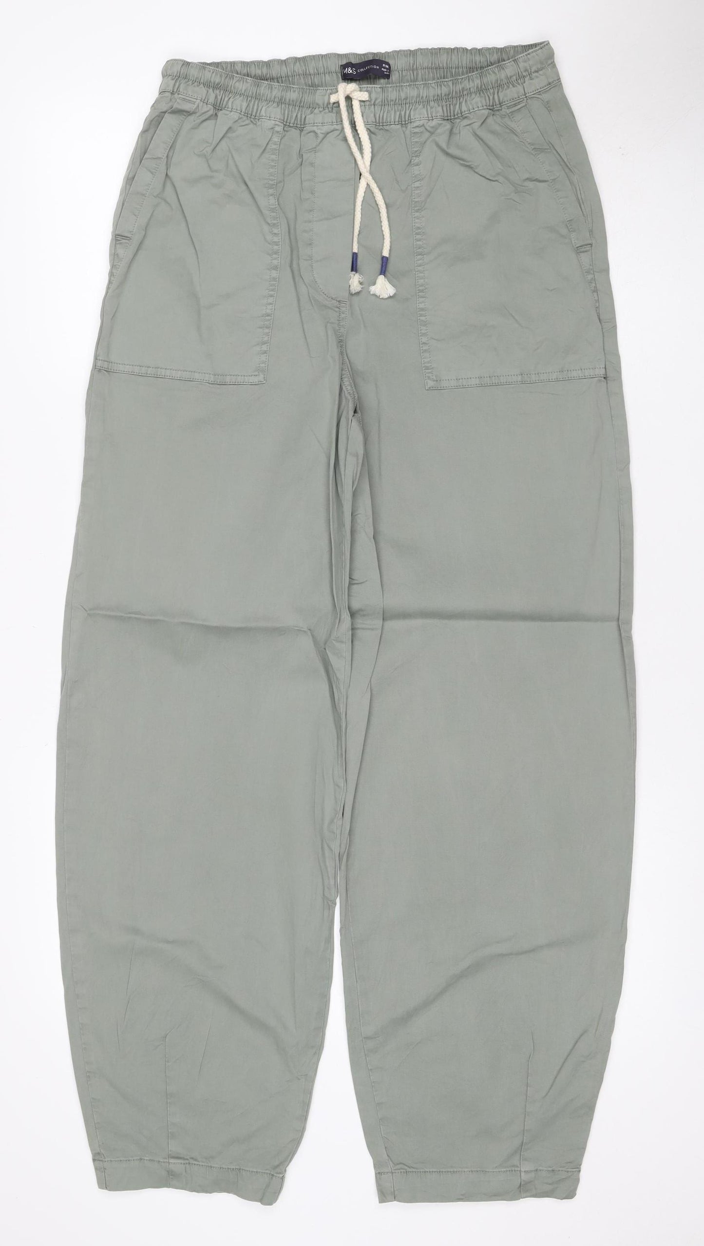 M&S Women’s Sage Green Cotton Drawstring Jogger Trousers UK 8