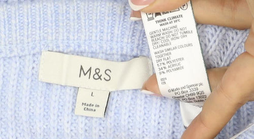 Marks and Spencer Women Blue L Ribbed Crew Neck Knit Jumper