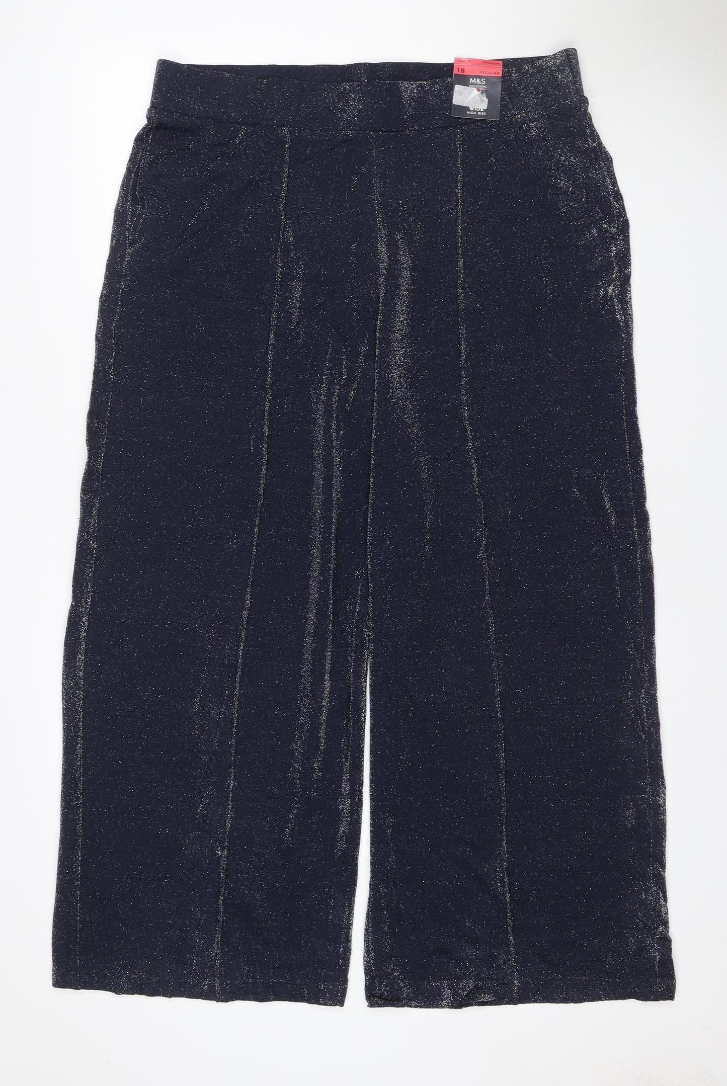 Marks and Spencer Women Black Glitter High Rise Wide-Leg Trousers UK 18
