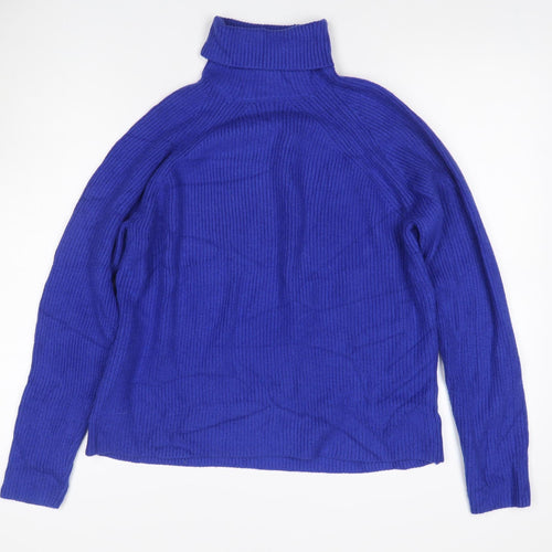 M&S Womens Blue M Roll Neck Cable Knit Raglan Jumper