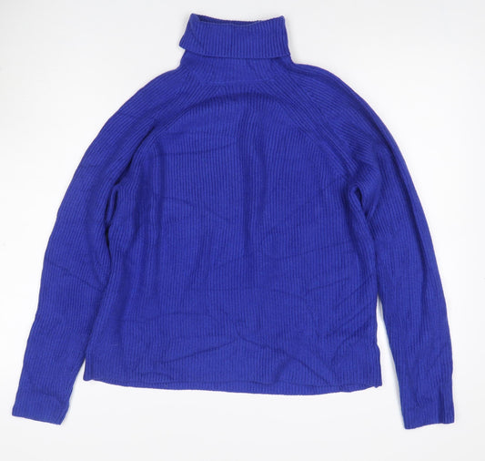 M&S Womens Blue M Roll Neck Cable Knit Raglan Jumper