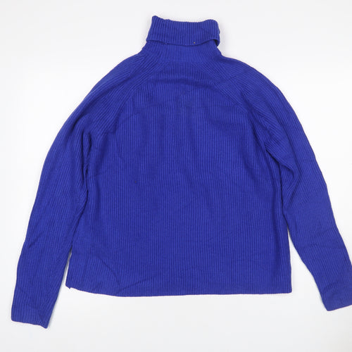 M&S Womens Blue M Roll Neck Cable Knit Raglan Jumper