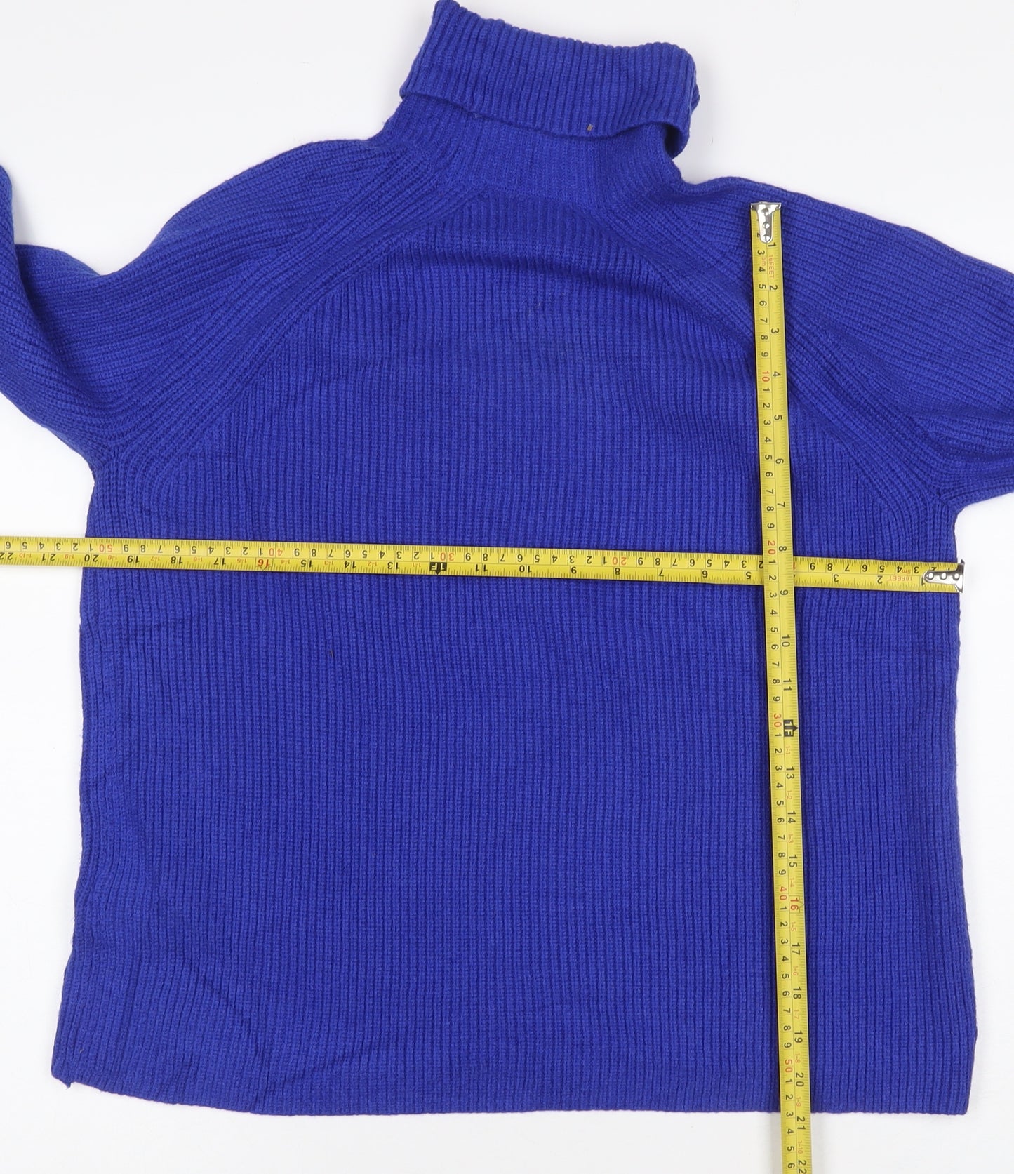 M&S Womens Blue M Roll Neck Cable Knit Raglan Jumper