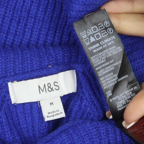 M&S Womens Blue M Roll Neck Cable Knit Raglan Jumper
