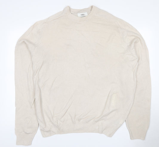 Marks and Spencer Men Ivory XL Lambswool Crew Neck Pullover Jumper