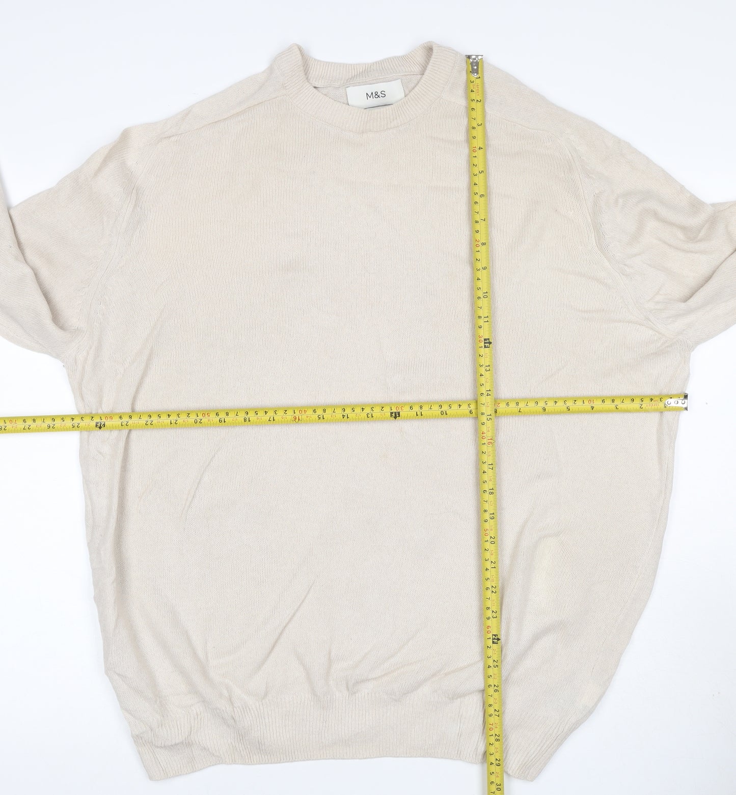 Marks and Spencer Men Ivory XL Lambswool Crew Neck Pullover Jumper