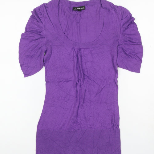 Warehouse Women Purple UK 8 Knit Scoop Neck Puff Sleeve Top