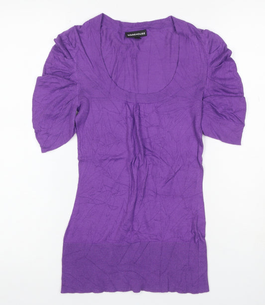 Warehouse Women Purple UK 8 Knit Scoop Neck Puff Sleeve Top