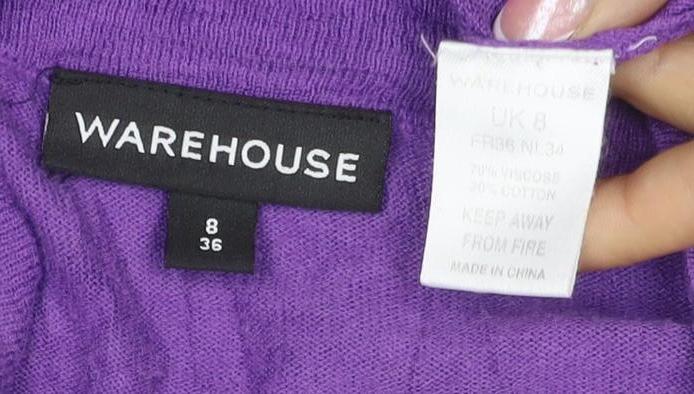 Warehouse Women Purple UK 8 Knit Scoop Neck Puff Sleeve Top