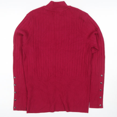 M&S Womens Red UK 10 Ribbed Roll Neck Button Hem Knit Jumper