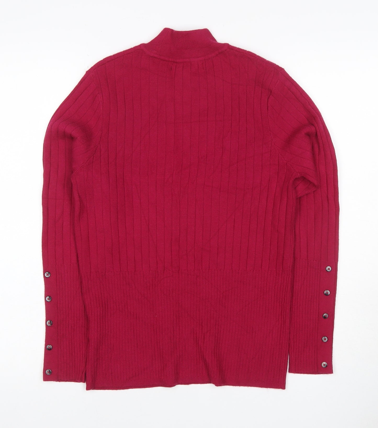 M&S Womens Red UK 10 Ribbed Roll Neck Button Hem Knit Jumper